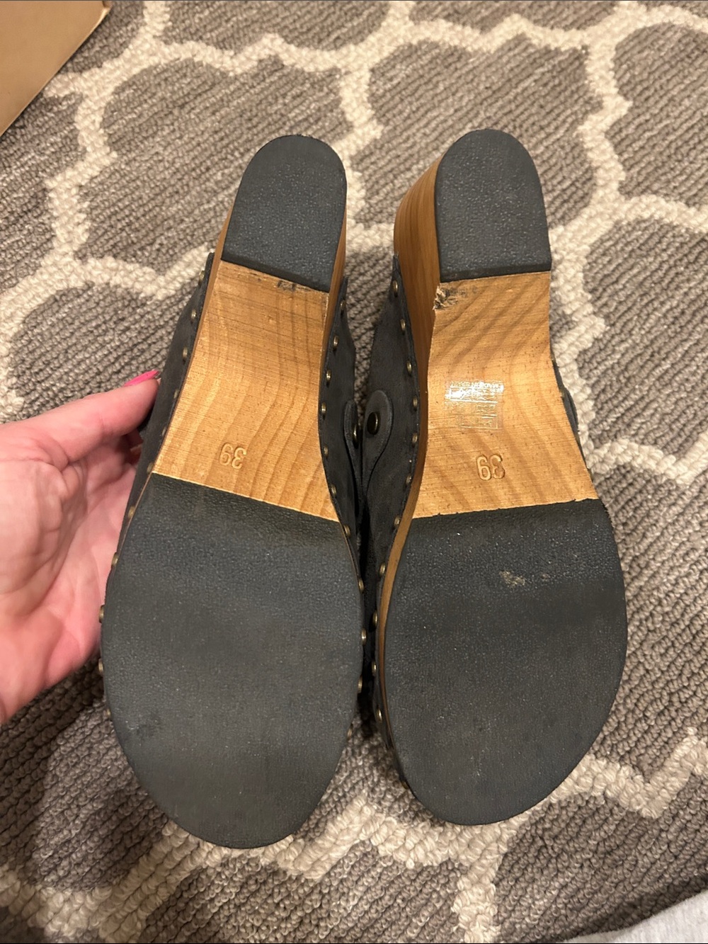 Women's Black Suede Clog Mules with Wood Heel - Picture 3 of 6